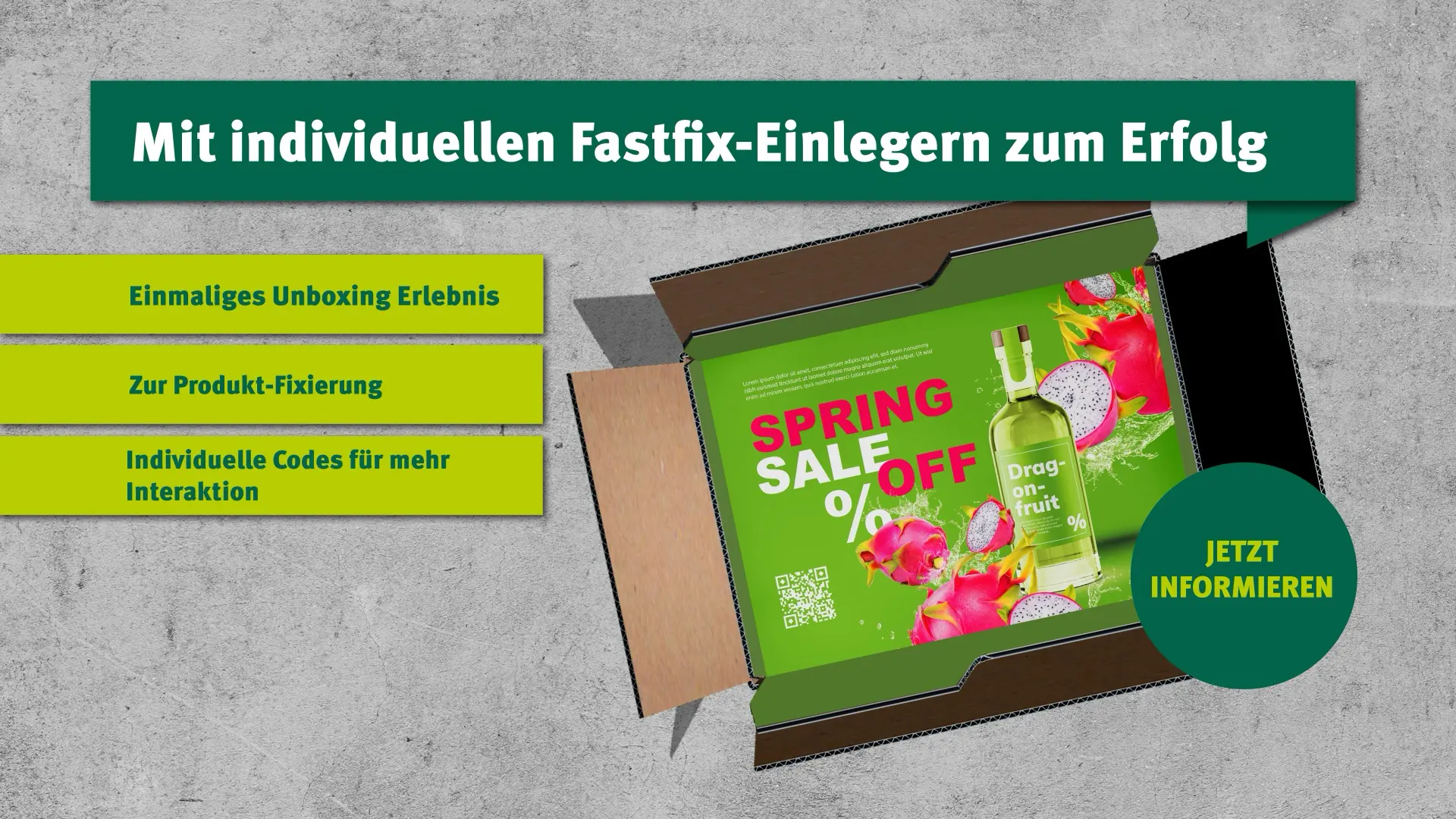 Kampagnenmotiv für individuelle Fastfix-Einleger. Als Beispiel liegt ein Einleger für einen Frühlingsrabatt in einem braunen Karton, der nach oben geöffnet ist.
